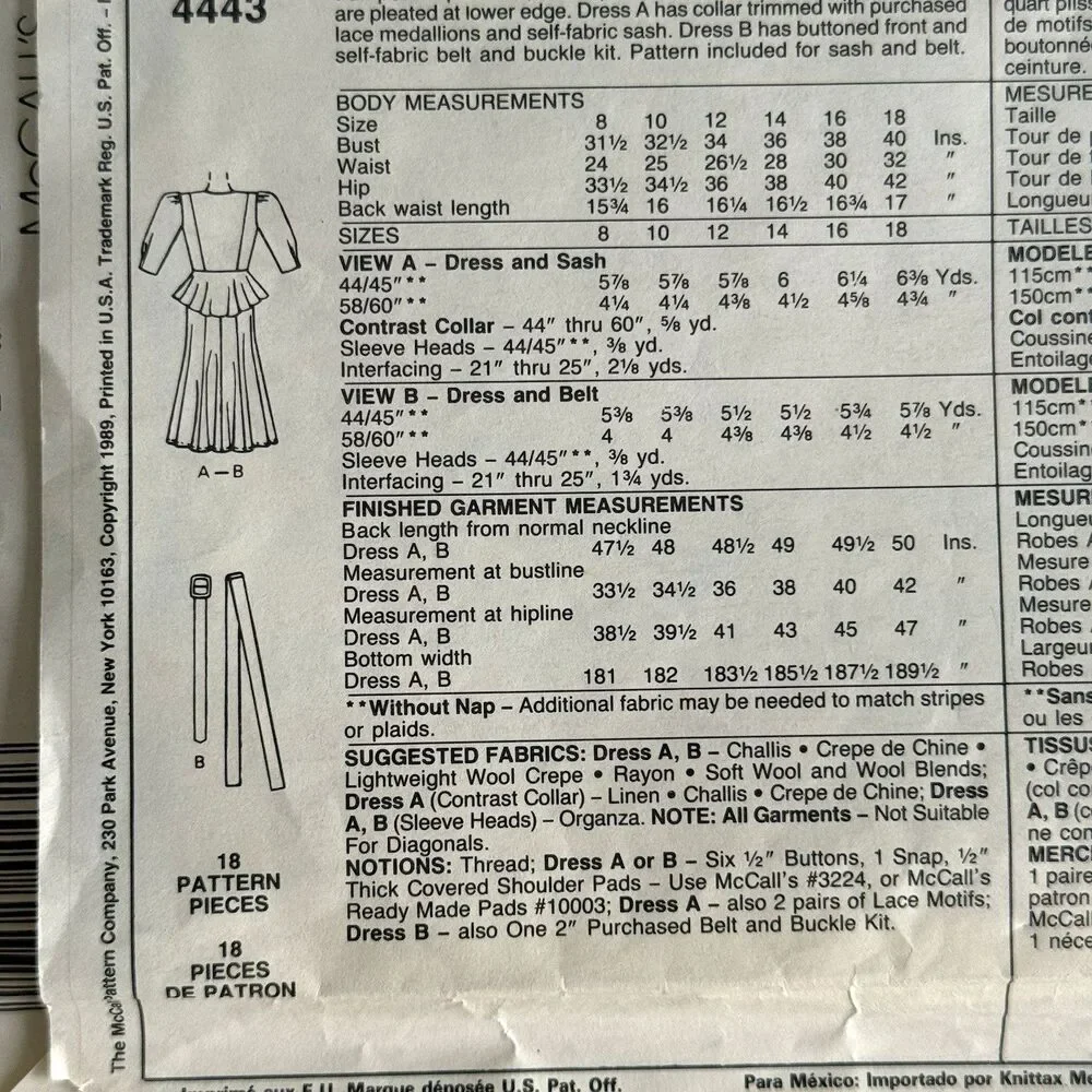 Vintage 80s McCalls 4443 Sewing Pattern Misses Dress Liz Roberts Peplum Sz 8 UC